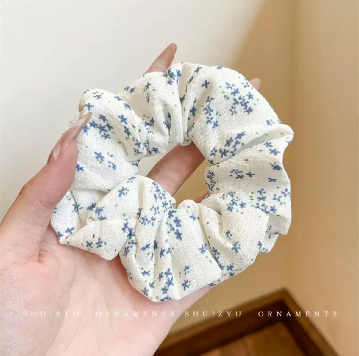 Mini Blue Floral Cotton Scrunchie – Lightweight Everyday Hair Tie