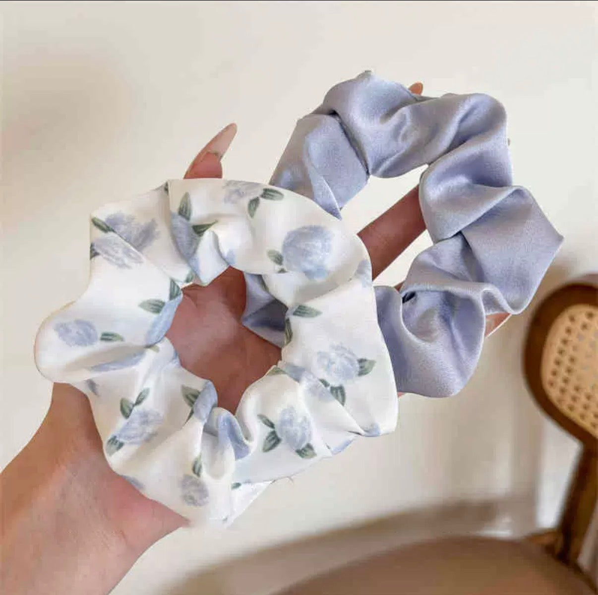 Blue Floral & Pastel Satin Scrunchie Set – Soft Aesthetic Hair Ties