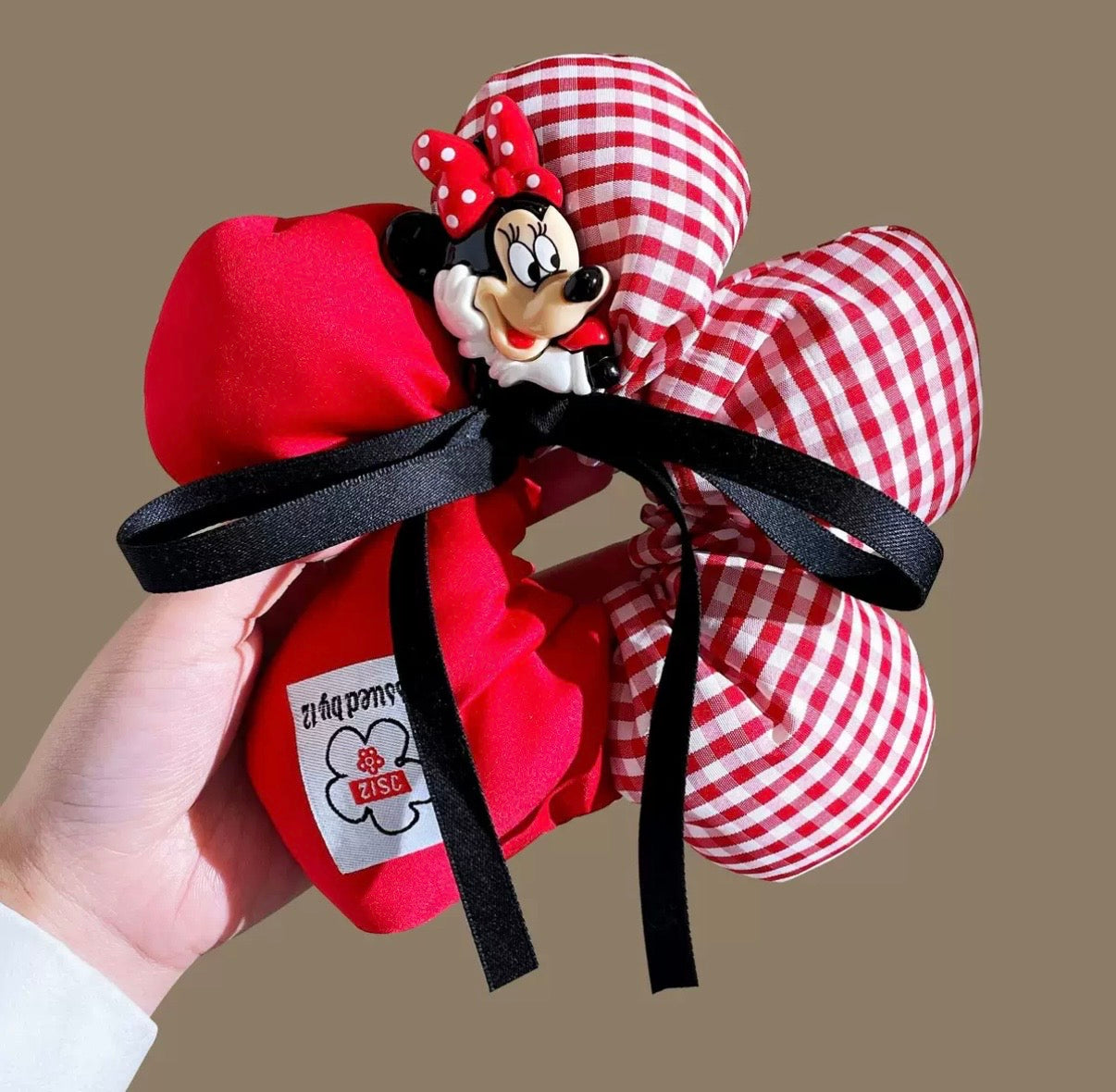 Red Gingham Bow Scrunchie with Cartoon Charm – Statement Hair Accessory for Women & Girls