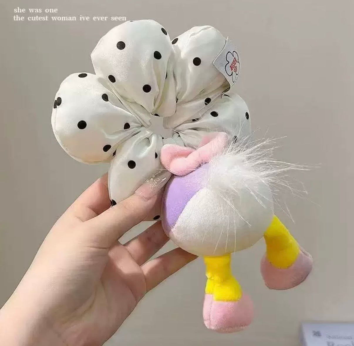 Polka Dot Plush Character Hair Scrunchie – Cute Statement Ponytail Holder for Girls & Women