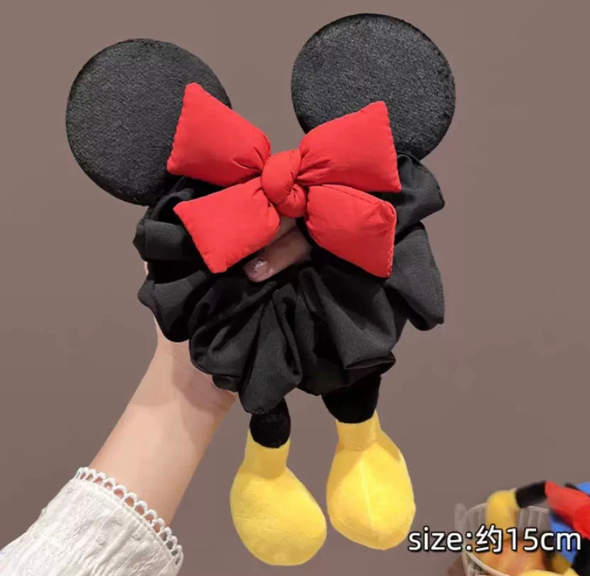 Cartoon Ear Plush Scrunchie with Red Bow – Oversized Statement Hair Tie for Women & Girls
