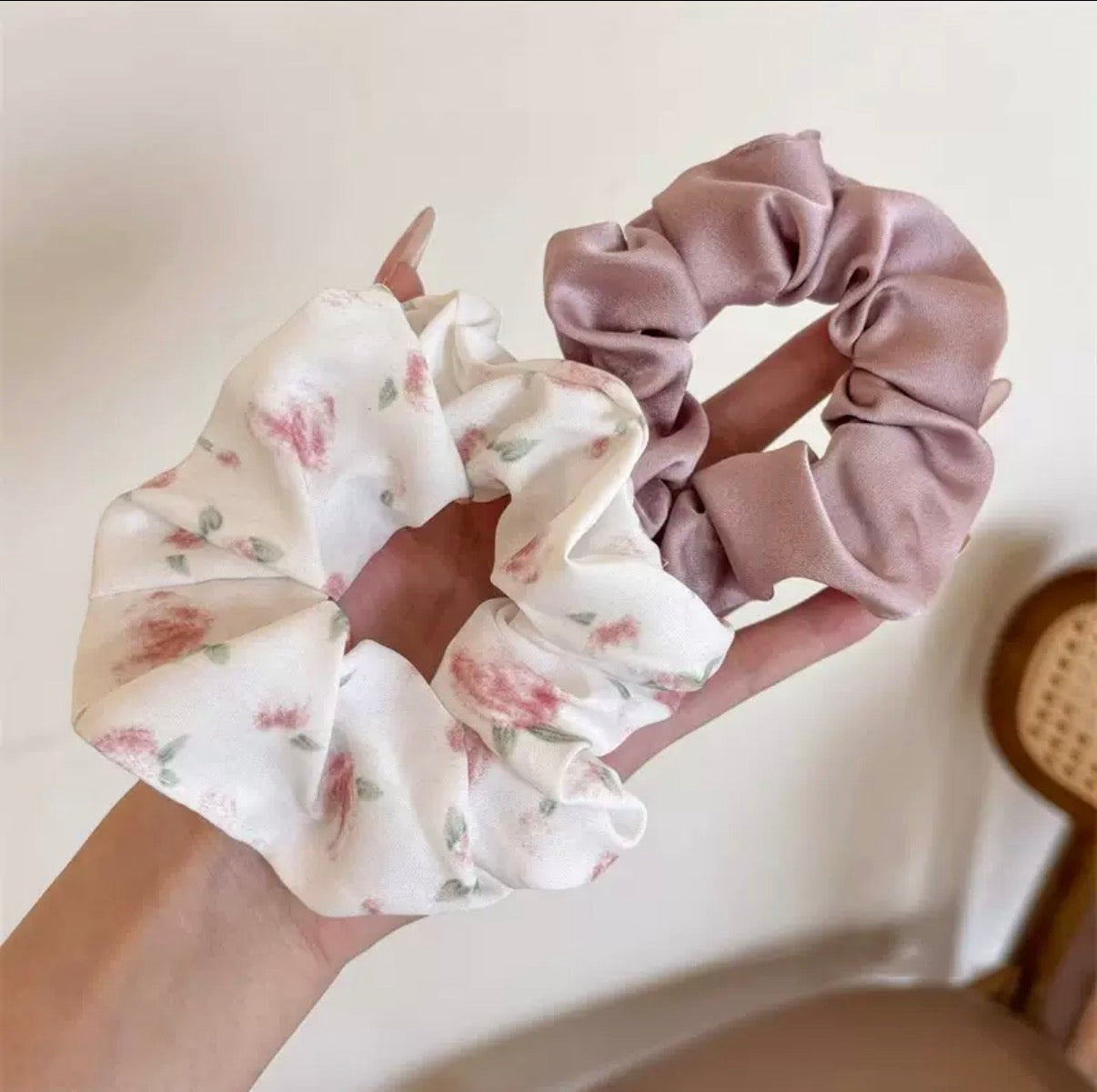 Soft Floral & Satin Scrunchie Set – Romantic Hair Tie Duo