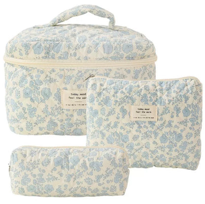 Light Blue Floral Cosmetic Bag Set – Quilted Travel Organizer