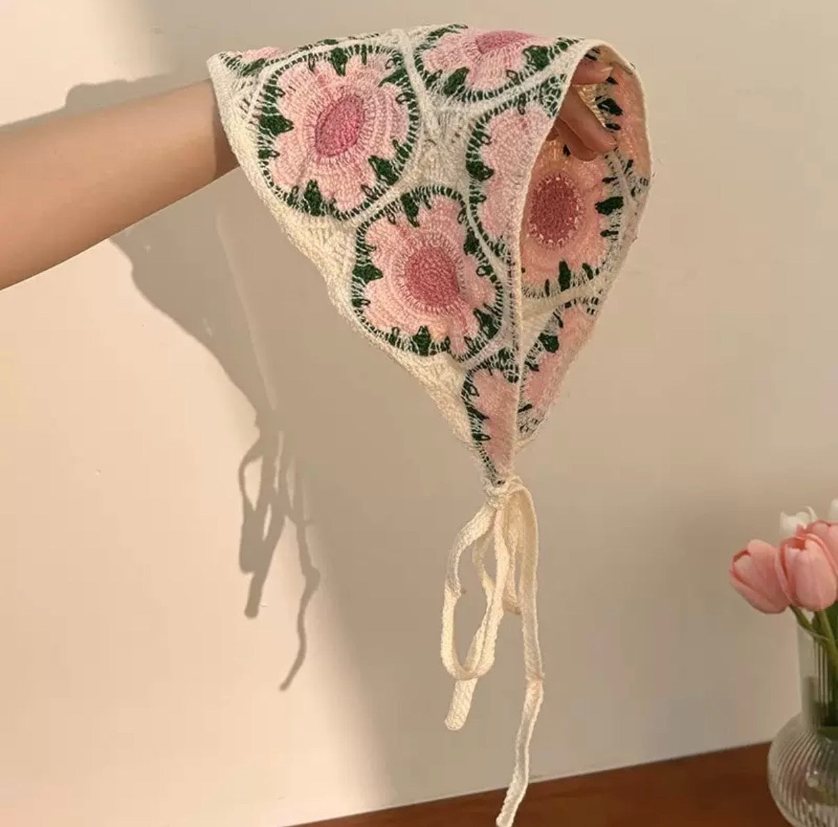 Pink Floral Crochet Headscarf – Romantic Knit Tie Bandana