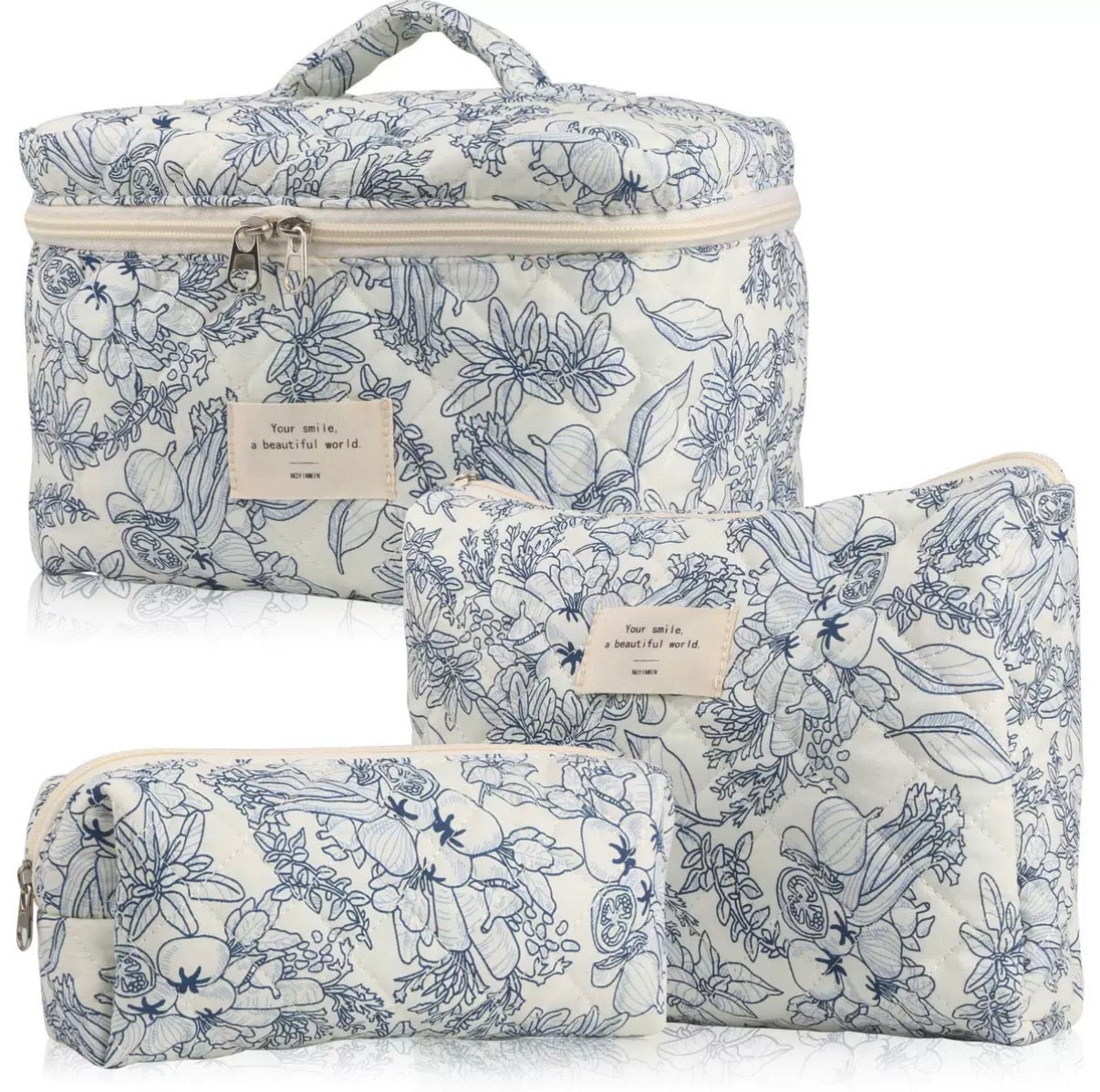 Soft Blue Vintage Floral Cosmetic Bag Set – 3 Piece Vanity