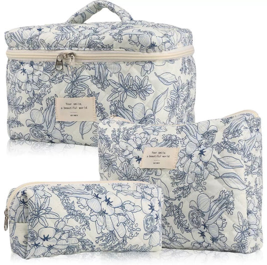 Soft Blue Vintage Floral Cosmetic Bag Set – 3 Piece Vanity
