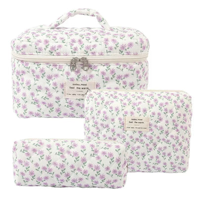 Purple Floral Quilted Cosmetic Bag Set – 3 Piece Organizer