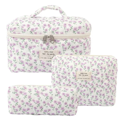 Purple Floral Quilted Cosmetic Bag Set – 3 Piece Organizer
