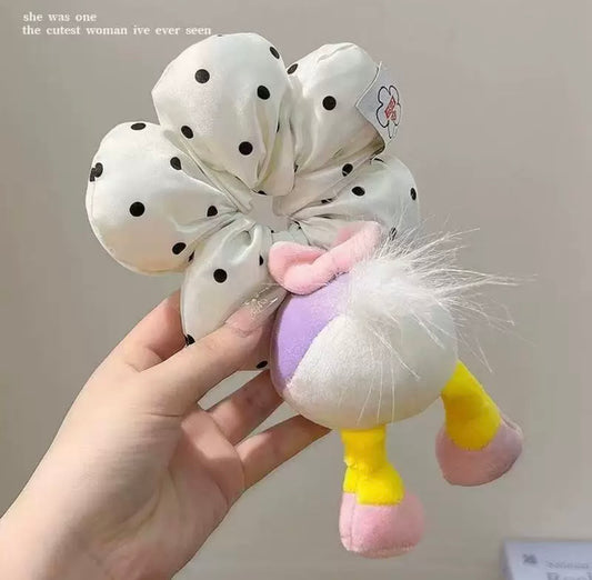 Polka Dot Plush Character Hair Scrunchie – Cute Statement Ponytail Holder for Girls & Women