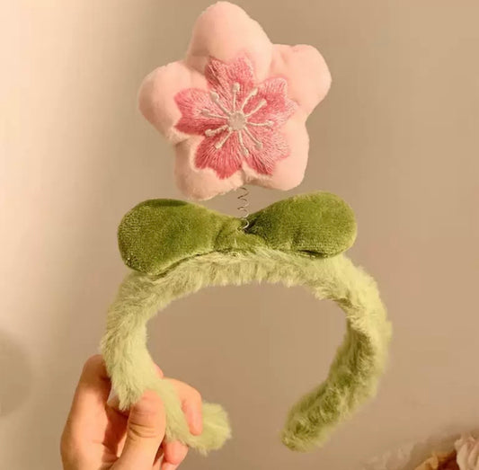 Spring Flower Plush Headband – Cute Green Hair Accessory with Pink Blossom for Kids & Adults | Kawaii Party & Photo