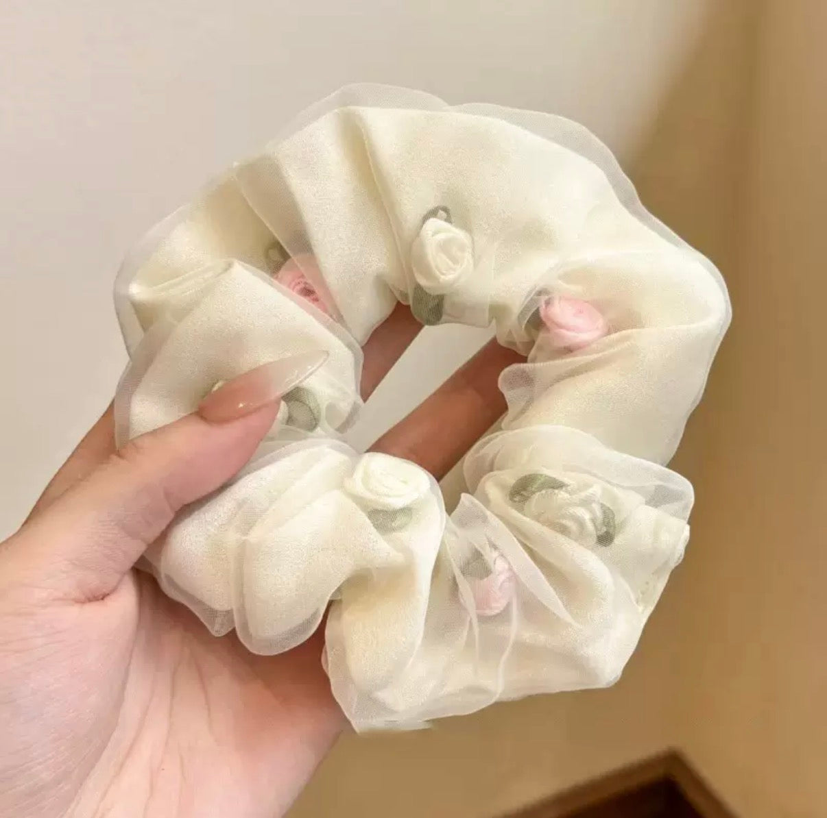 Sheer Organza Scrunchie with Mini Rose Details – Soft Bridal Hair Accessory