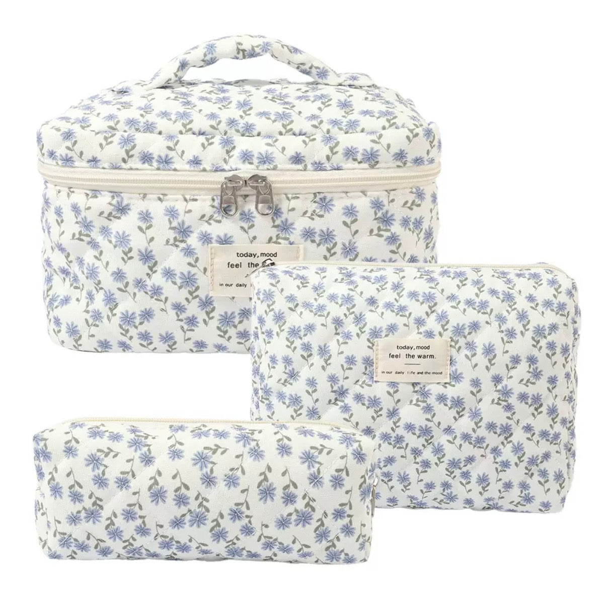 Classic Blue Botanical Cosmetic Bag Set – Quilted Organizer