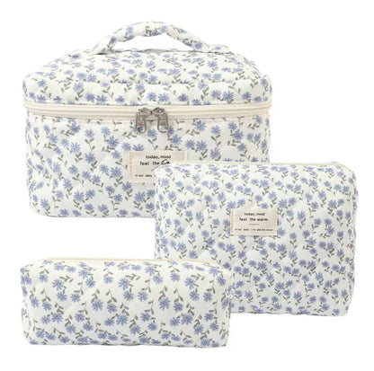 Classic Blue Botanical Cosmetic Bag Set – Quilted Organizer