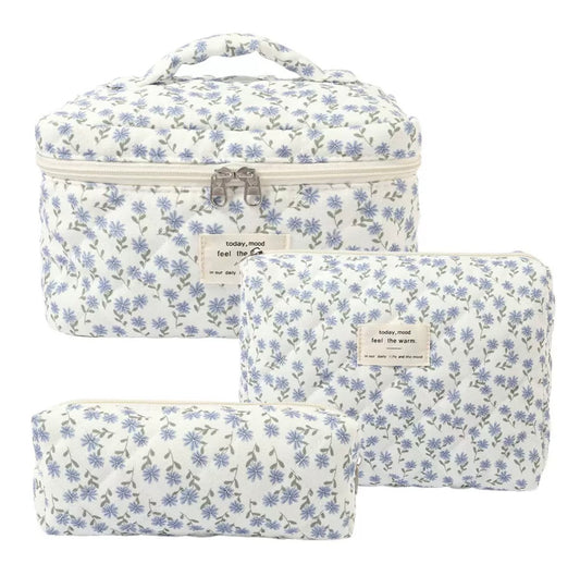 Classic Blue Botanical Cosmetic Bag Set – Quilted Organizer