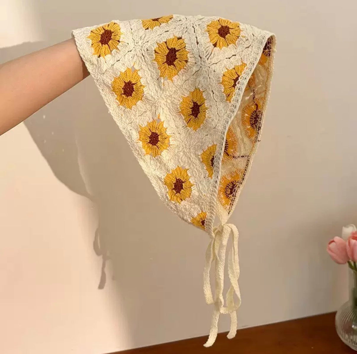 Sunflower Crochet Triangle Headscarf – Handmade Boho Bandana