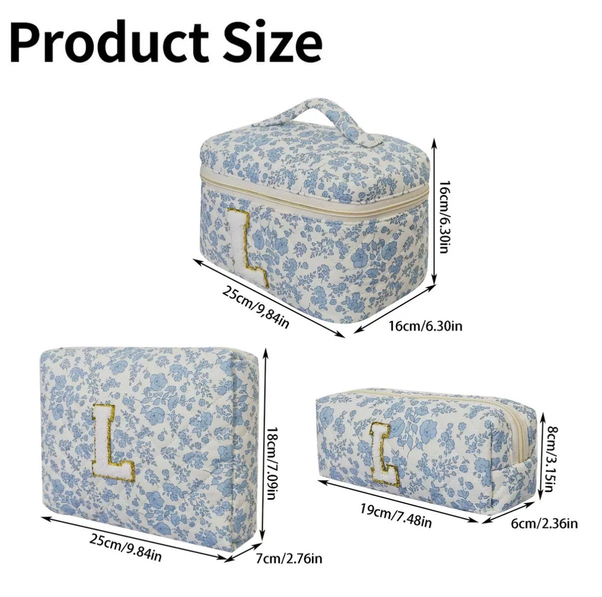 Classic Blue Botanical Cosmetic Bag Set – Quilted Organizer