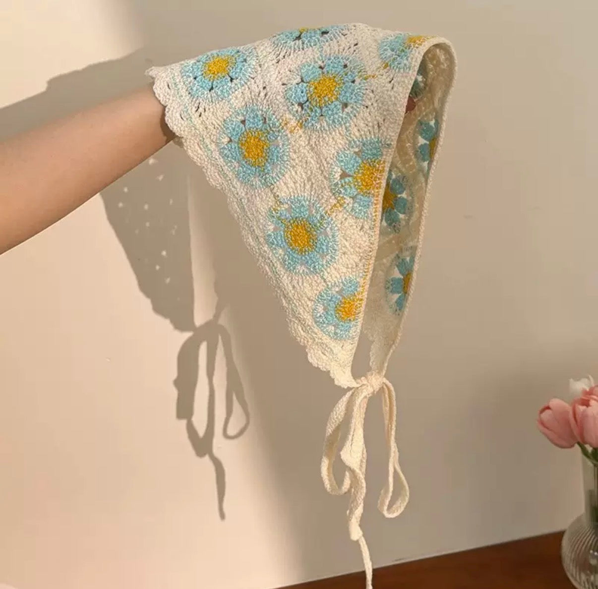 Blue Daisy Crochet Headscarf – Handmade Knit Floral Bandana