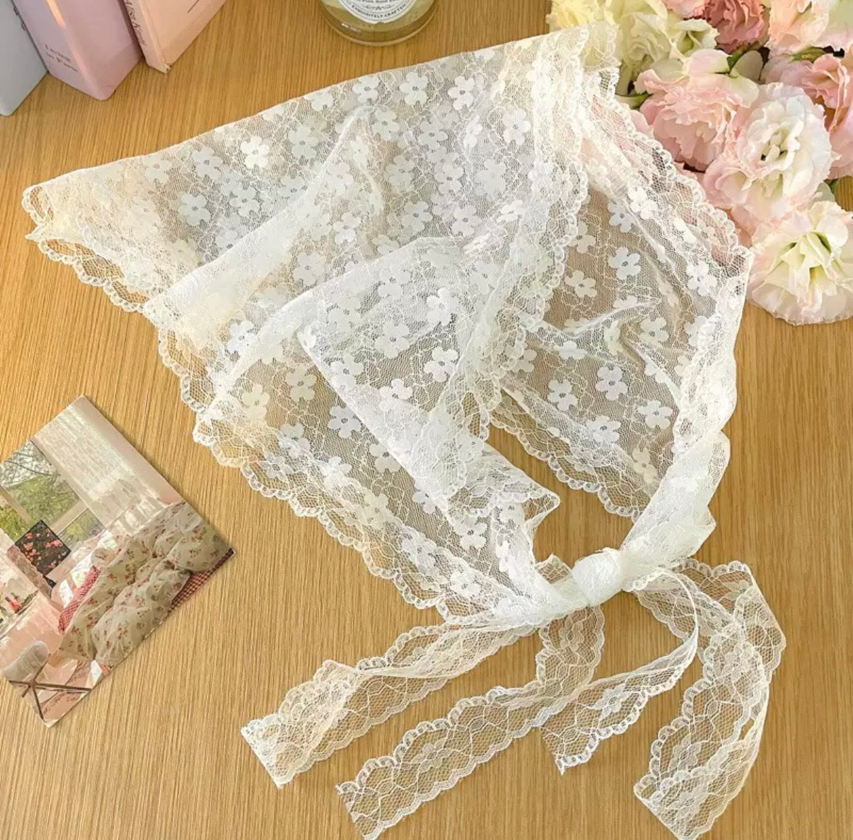 Sheer Floral Lace Triangle Scarf – Lightweight Tie Head Cover