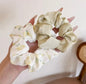 Neutral Floral & Champagne Satin Scrunchie Set – Soft Romantic Hair Ties